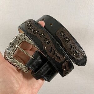 Texas Country Men Leather Western Belt Size 30 Black Brown 2 Tone Studded Cowboy